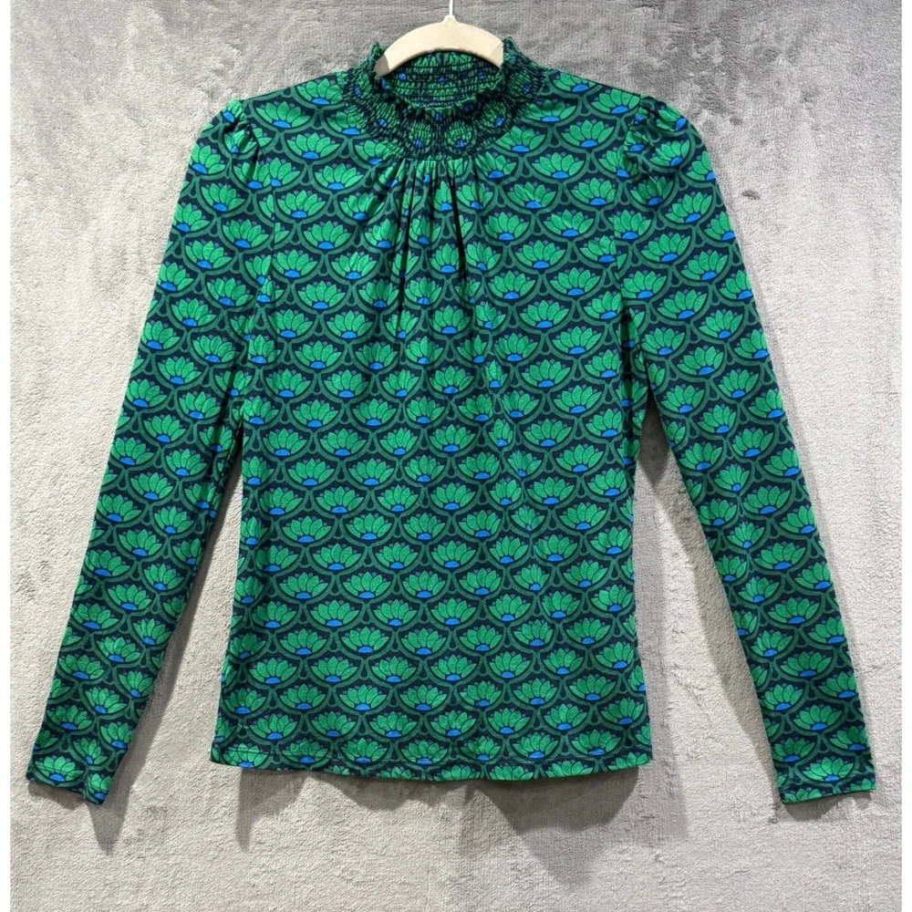 Boden Green Blue Lotus Floral Smocked High Neck Long Sleeve Top US 4